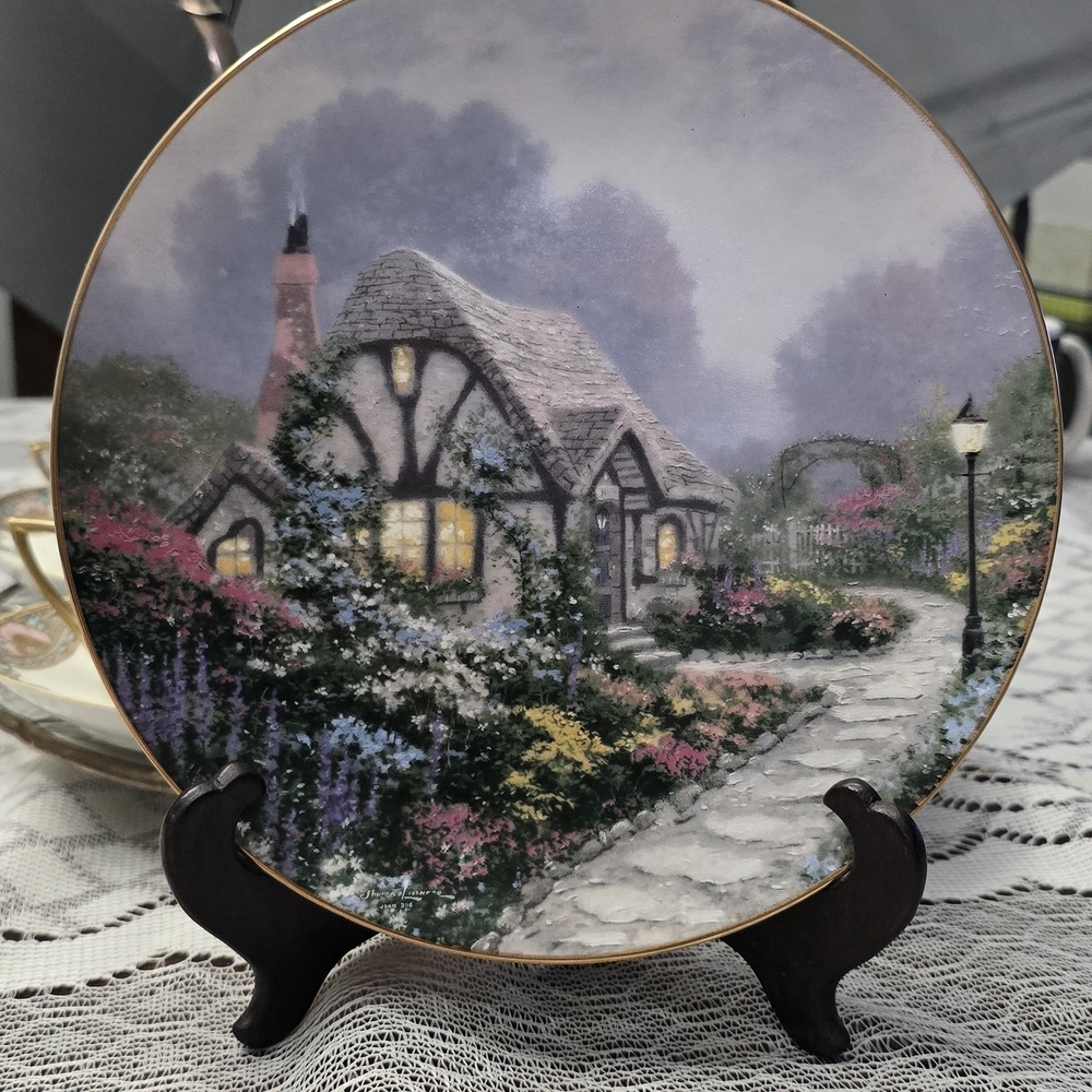 Decorative Cottage Scene Collector Plate - Pastel Floral Illustration